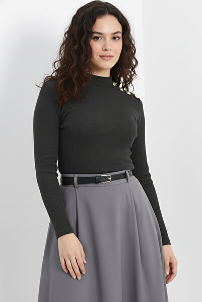 evolise Gold Buttoned Turtleneck Corded Fabric Ribbed Knit Blouse - Anthracite