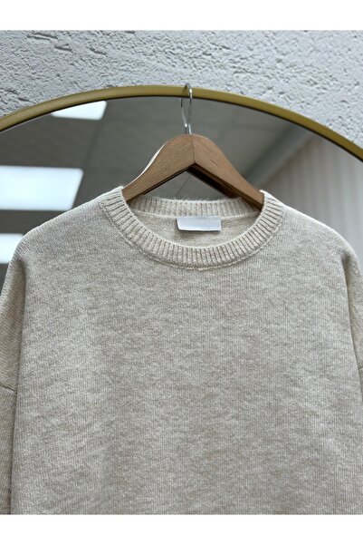 MİHRA STORE Finlayah Kol Ucu Ve Altı Corded Fabric Düz Oversized Knitwear Sweater-Kr5049 Stone