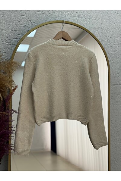 MİHRA STORE Fasma Sequin Glitter Short Knit Sweater-Zi̇5591 Stone