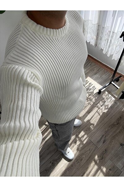 Tarz Cool Men's Ecru Regular Crew Neck Knit Sweater