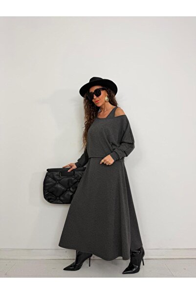 QİMYA BUTİK With a Bunch Women's Thick Strap Y Slit Sleeveless Dress over Long Sleeve Open Collar Short Blouse Two-Piece