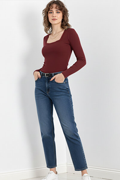evolise Square Neck Lace Ribbed Knit Blouse - Burgundy