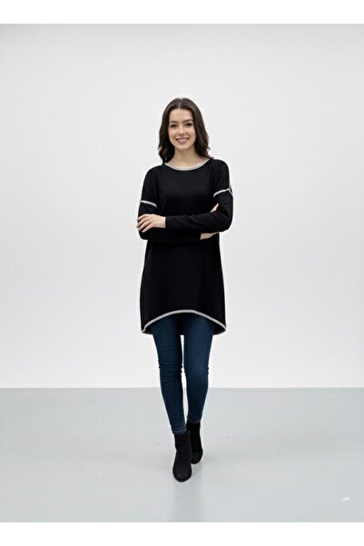 Cockatoo Women's Beige Brown Piped Asymmetrical Cut Soft Textured Crew Neck Knitted Tunic & Blouse