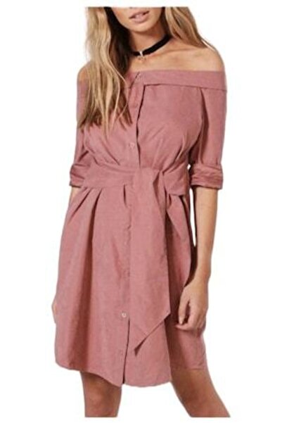 OEM Off Shoulder Tie Front Shirt Dress, Pink