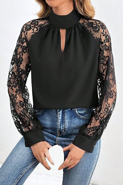 dk denemekabini Γυναικεία μακρυμάνικη μπλούζα με λεπτομέρεια στο παράθυρο στο στήθος, γιακά και μανίκια με τούλι - Μαύρο