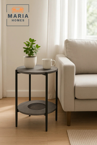 MARIA HOMES Modern Grey Side Table – Round Coffee Table with Lower Storage Shelf 40×40×55 cm