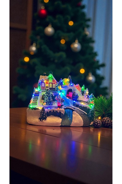 Genel Markalar Işıklı ve müzikli Noel köyü, gri renk, eğlenceli dekorasyon iç...