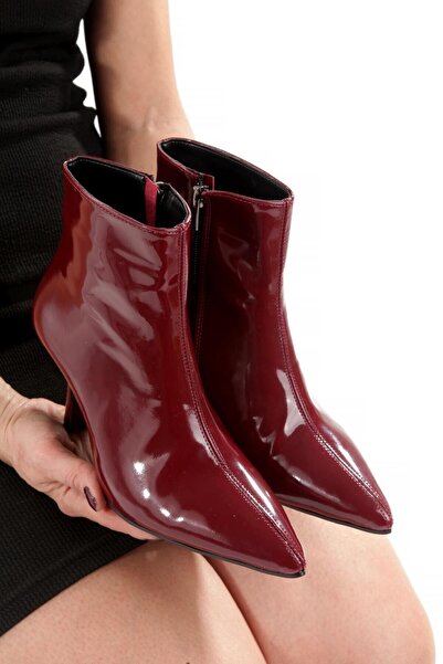 Y ESMA '' Tutku'' Burgundy Patent Leather Pointed Toe 9 cm Thin Heel Zippered Ankle Boots New Season
