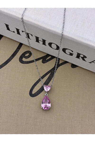 Hedef Bijuteri Steel Silver Color Drop and Heart Detailed Pink Zircon Stone Necklace