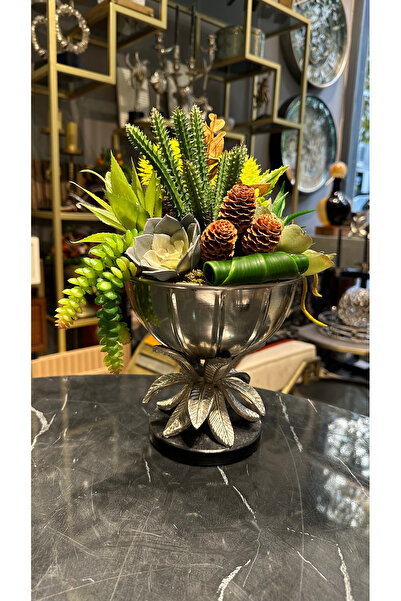 dekorbia Mermer Kaideli Gümüş Yaprak Saksılı Sukulent Aranjmanı-2 20x30cm