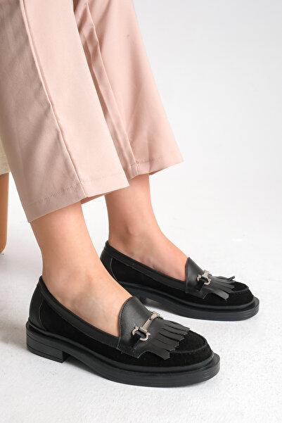 Ayakkabı Delisiyim Справжня шкіра Чорні жіночі лофери Оксфордські туфлі З пряжкою З бахромою Нековзна підошва Сієна