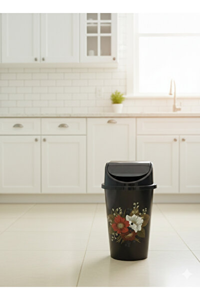 abnturk 5 Litre Click Kapaklı 30x15 cm Siyah Sarı Çiçek Desen Lüks Desen Çöp ...