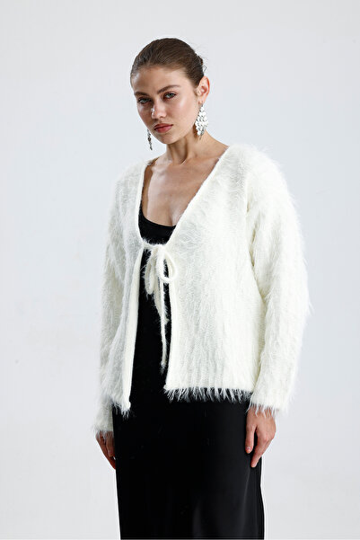 ubmbutik Feather Detailed Front Tie Knit Cardigan