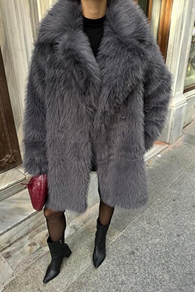 My Loore Antrasit Oversize Premium Düğmeli Kürk Kaban MLB106, Trend