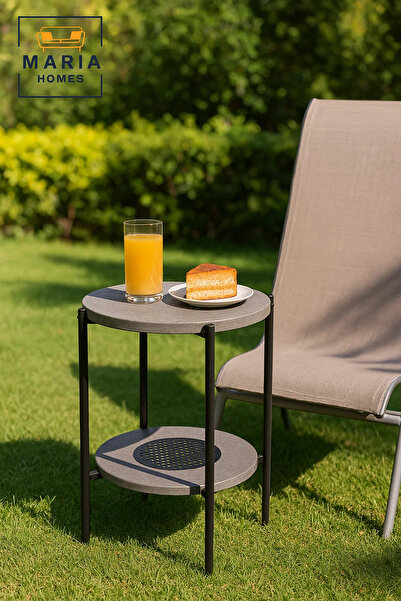 MARIA HOMES Modern Grey Side Table – Round Coffee Table with Lower Storage Shelf 40×40×55 cm