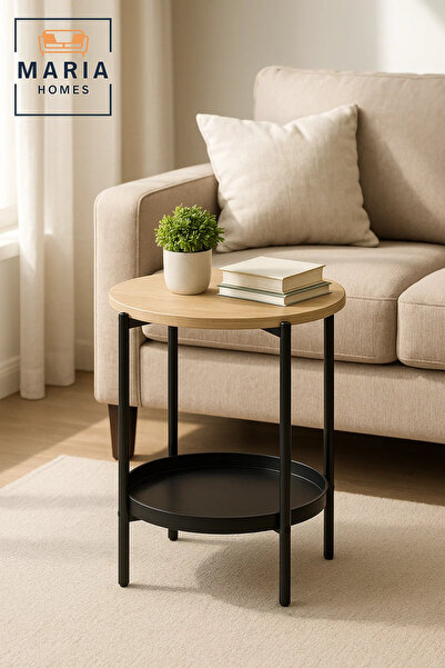 MARIA HOMES طاولة جانبية خشبية حديثة - طاولة قهوة دائرية مع رف تخزين أسود 40×40×55 سم