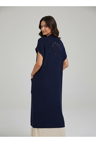 Cockatoo Women's Navy Blue Long Waffle Knit Vest with Pockets Openwork Detailed Sleeveless Knitwear Cardigan Transitional Cardigan