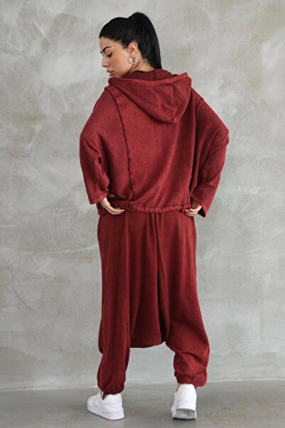 AYASOFYA OTANTIK Women's Burgundy Elastic Waist and Cuffs with Pocket Detail Vintage Loose Cotton Knitwear Baggy Trousers