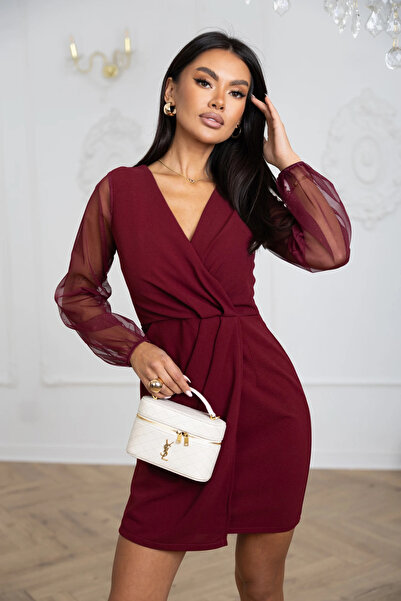 UniqueStore.ro Elegant burgundy dress with tulle sleeves and wrap neckline