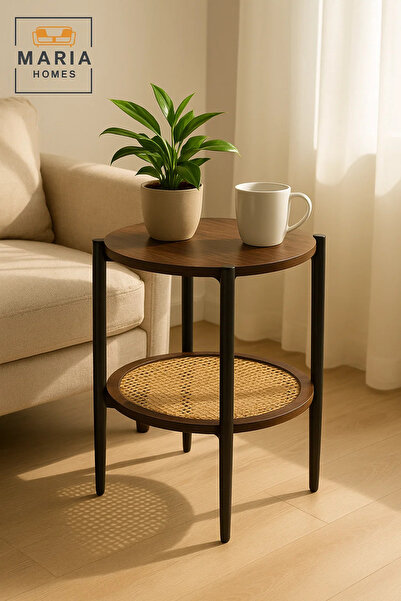 MARIA HOMES Modern Coffee Brown Side Table – Round Coffee Table with Rattan Storage Shelf 45×45×55 cm