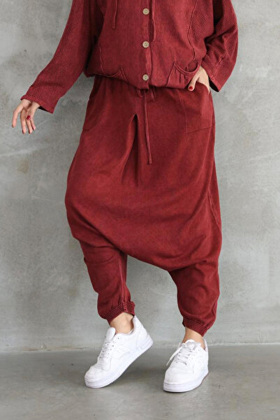 AYASOFYA OTANTIK Women's Burgundy Elastic Waist and Cuffs with Pocket Detail Vintage Loose Cotton Knitwear Baggy Trousers