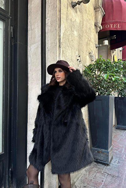 My Loore Siyah Oversize Premium Düğmeli Kürk Kaban MLB106, Trend