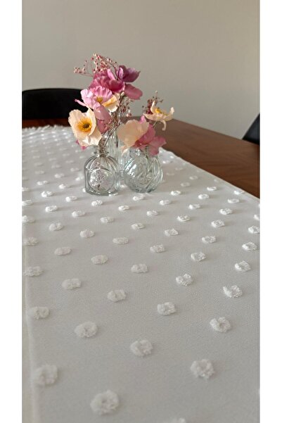 homease Pompom Textured Decorative Ecru Runner |   40X140 |   Stain Resistant Polyester Runner with Fringe Tassels