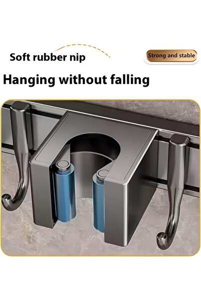 AZONEE Mop and Broom Holder Wall Mount - No-Drill Suction Cup, 3 Slots 4 Hooks