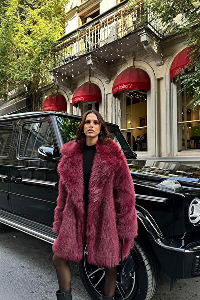 My Loore Bordo Oversize Premium Düğmeli Kürk Kaban MLB106, Trend