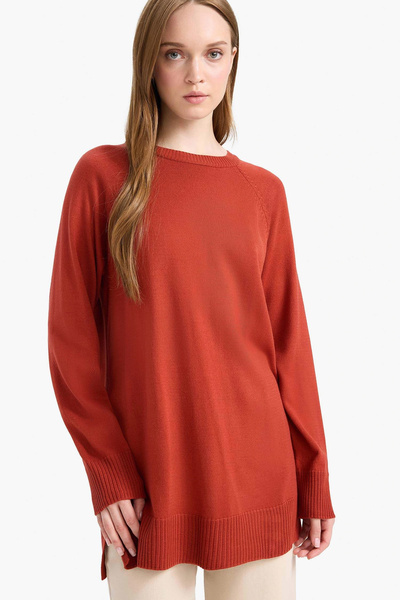 DeFacto C4474Axog215 Orange Regular Fit Crew Neck Basic Plain Knit Sweater Tunic