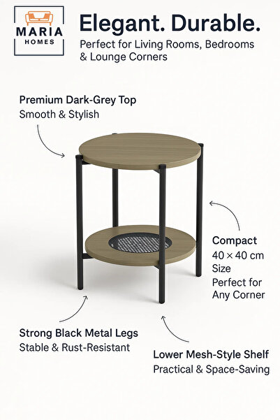 MARIA HOMES Modern Dark Wood Side Table – Round Coffee Table with Storage Shelf 40×40×55 cm