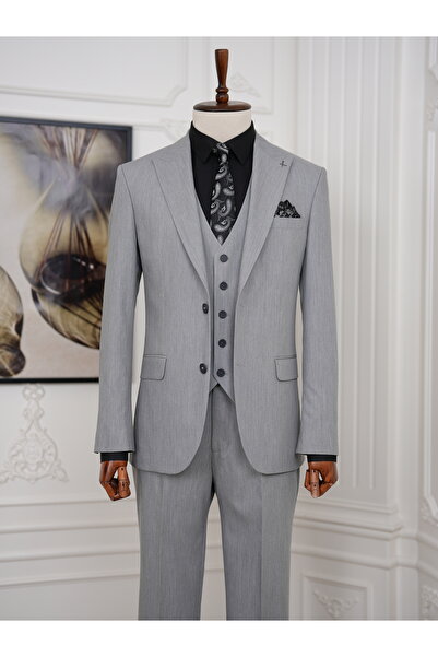 LONATOLİA Erkek İtalyan Stil Slim Fit Sivri Yaka İtalyan Stil Yelekli Takım E...