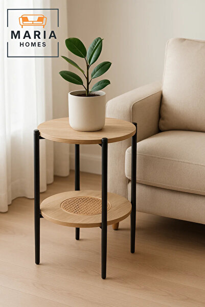 MARIA HOMES Modern Light Wood Side Table – Round Coffee Table with Rattan Sto...