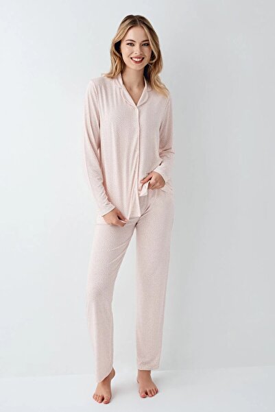 ROZELT Women's Pink Shirt Collar Casual Pajama Set