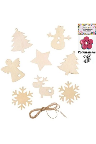 OEM Wooden Christmas Decoration Set – 8 Ornaments + String, Fir Tree, Star, Angel, Reindeer, Snowman Figurines