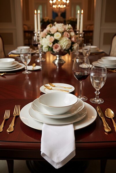 KÜTAHYA HOME Porselen ALTIN Krem Yemek Takımı | Günlük ve Misafir 24 Parça Tulu