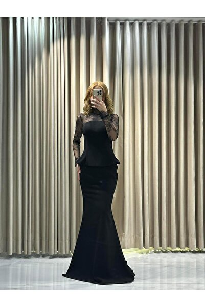 Kaleiçi Yıldızlar Siyah Dantel Detaylı Abiye Elbise |