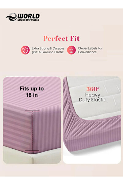 Eworld King Size Striped Microfiber Fitted Bedsheet, Deep Pocket, Breathable & Washable