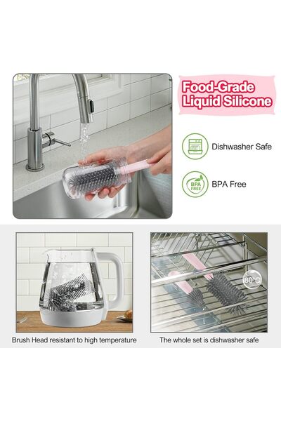 Generic Ubyhome Travel Baby Bottle Brush Set, Extendable Silicone, Nipple & Straw Brushes, Pink