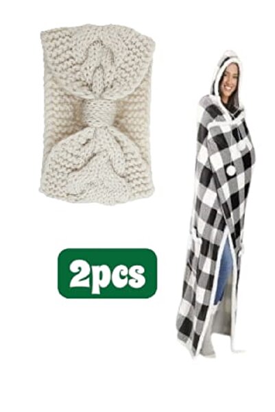 Generic Product: Two-piece winter set: Warm knitted woolen headband. Hooded poncho blanket.