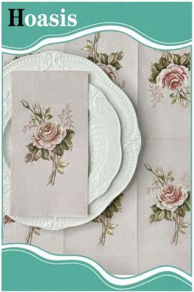 Generic 20pcs Retro Rose Flower Pattern Napkins For Wedding, Birthday, Tea Party Decoration, 15.7x13i