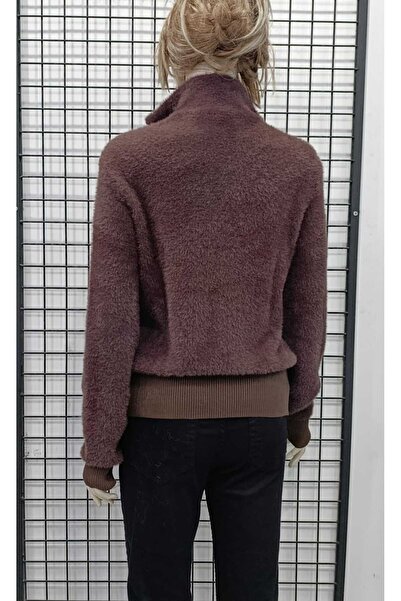Butik Şans Jm Ecru Zippered Collar Elastic Waist Bearded Knitwear Sweater