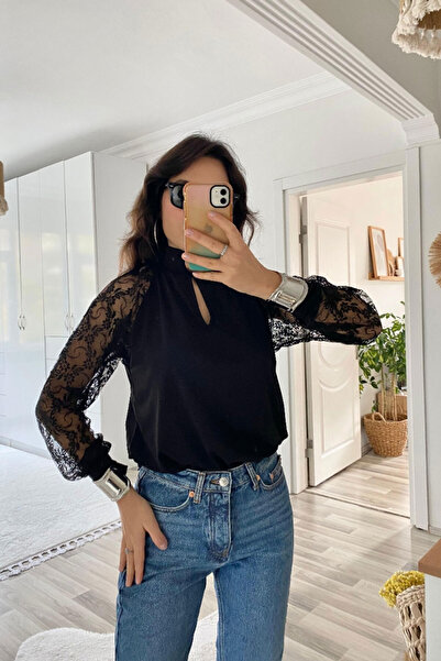 dk denemekabini Γυναικεία μακρυμάνικη μπλούζα με λεπτομέρεια στο παράθυρο στο στήθος, γιακά και μανίκια με τούλι - Μαύρο