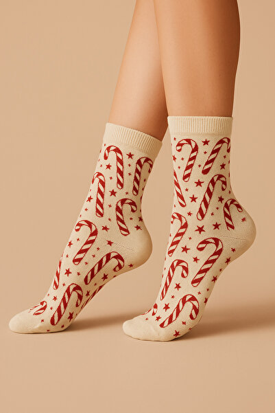 uğurlu dükkan جوارب بيضاء وحمراء بتصميم حلوى عيد الميلاد مقاس 36-44