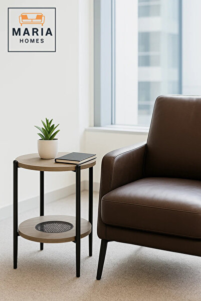 MARIA HOMES Modern Dark Wood Side Table – Round Coffee Table with Storage Shelf 40×40×55 cm