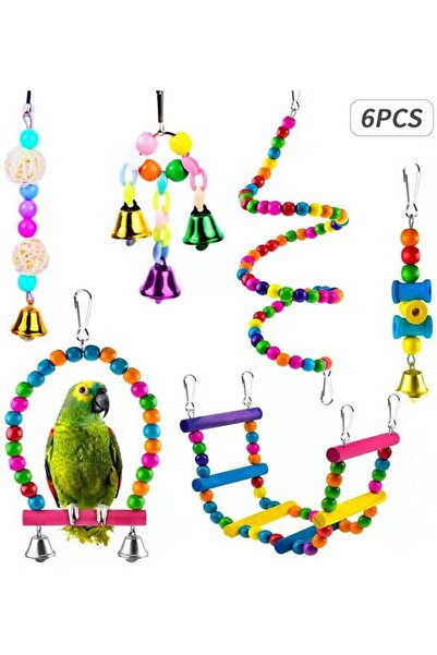 Primo Plus 6-Piece Bird Swing Chewing Toy Set With Hammock Bell Multicolour 21 x 6cm