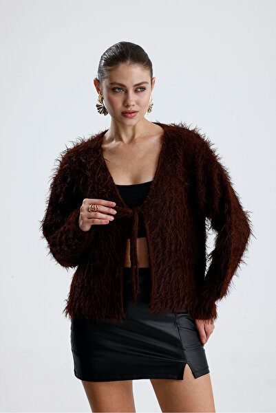 ubmbutik Feather Detailed Front Tie Knit Cardigan