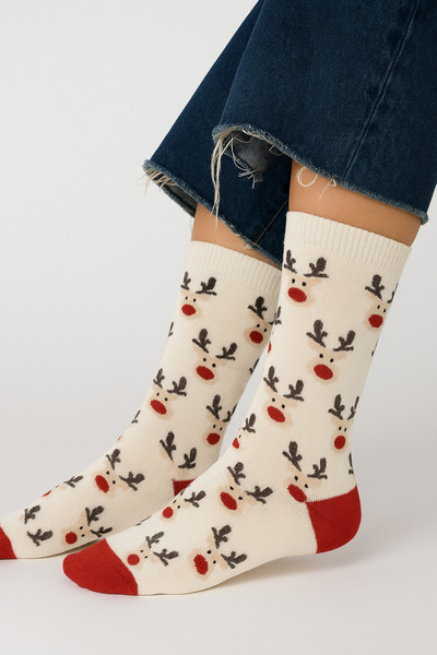 uğurlu dükkan White and red mini deer figured christmas concept socks, sizes 36-44