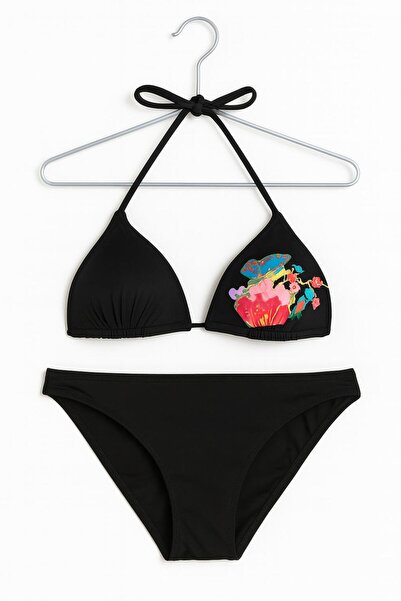 RAPAPA Women's Black Triangle Bikini Set – Colorful Flower Printed Top, Plain Black Bottom 1001-47