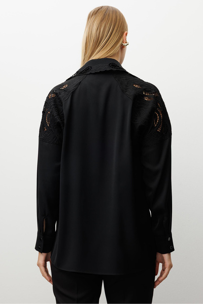Moda İlgi Women's Embroidery Detailed Oversized Shirt 0095 Black